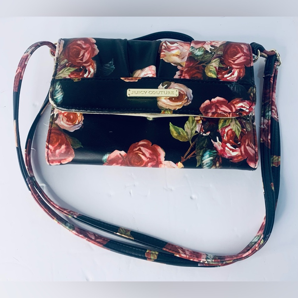 Juicy Couture Purse Black Romantic Roses Crossbody Cell Phone Credit Card Bag